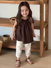 Dazy Kids Infant/Toddler Girls 2 Pieces Set: Sleeveless Dress Shirt + Leggings, Korean Style - Coffee Brown - View 3