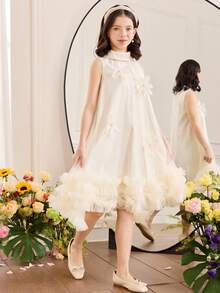 SHEIN Tween Girl Fashionable Elegant Mandarin Collar Sleeveless Dress - White - View 4