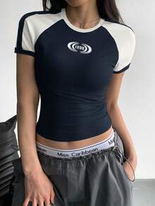 Flirla Women's Grey Patchwork Motorcycle Style Print Tight Comfortable Versatile Short Sleeve Top, Spring/Summer - Navy Blue - View 3