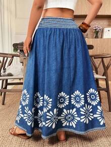Weeklong Plus Size Women's Summer New Bohemian Style Blue Print Tassel Tie Vintage Drape Skirt. Suitable For: Vacation, Casual Daily, Light Social Occasions, Sightseeing, Beach, Ancient Town Beach Skirt For Women Women's Summer Outfits - Blue - View 2