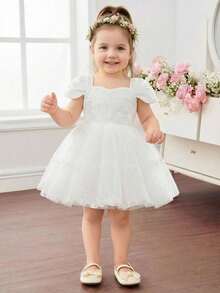 Glamorique Kids 花童、生日派对、连衣裙、26款春夏时尚、舞会礼服、白色蕾丝、缎面质感、白色网纱蓬蓬裙、可拆卸蝴蝶结设计，适合正式场合、钢琴演奏、派对或特殊舞台表演、白色婚礼幼儿礼服、白色公主裙、白色女婴连衣裙、女婴派对礼服、女婴白色连衣裙、幼儿女童白色连衣裙 - 白色 - 查看 4