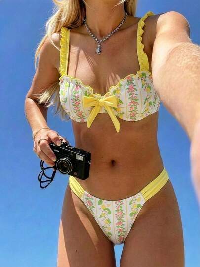 Swim Mod New Spring/Summer Swimsuit Bikini Set, 2pcs, Ditsy Floral Padded Push-Up Swimwear, Beach Outfit Bikini Summer Ruffle Bikini Cute Bikini Floral Bikini Yellow Bikini