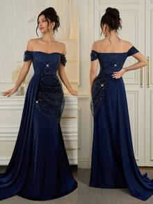 Poshira Luxury Sequin Formal Dress, High-End Elegant Party Gown Elegant Sequin Embellished Dress, High-End Formal Gown For Banquet Women's Formal Evening Dress Gown (Heavy Embroidery) Women Rhinestone Embellished Sheer Navy Blue Long Evening Gown, Wedding Guest Dress, Elegant Evening Dress, Prom Dress, For Wedding Dress Waist And Chest Slimming, Party Dress, Formal Dress Off Shoulder Formal Dress Navy Blue Formal Dress Elegant Formal Dress Evening Formal Dress Gala Dress Elegant Elegant Dresses Formal Party Evening Elegant Dresses  Graduation Ceremony, School Opening, Music Festival, Birthday Party, Wedding, Afternoon Tea Gathering, Ball - Royal Blue - View 4