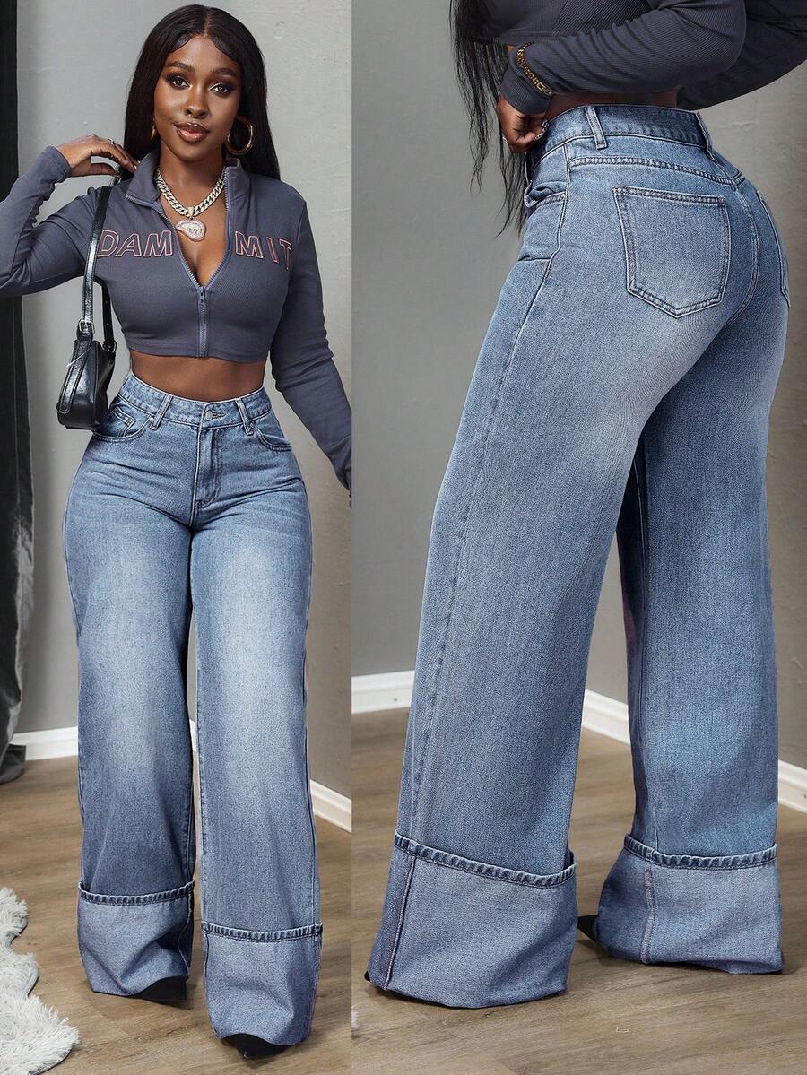 SHEIN Tall 女士高腰口袋阔腿宽松休闲百搭牛仔裤 - 藍色 - 查看 1