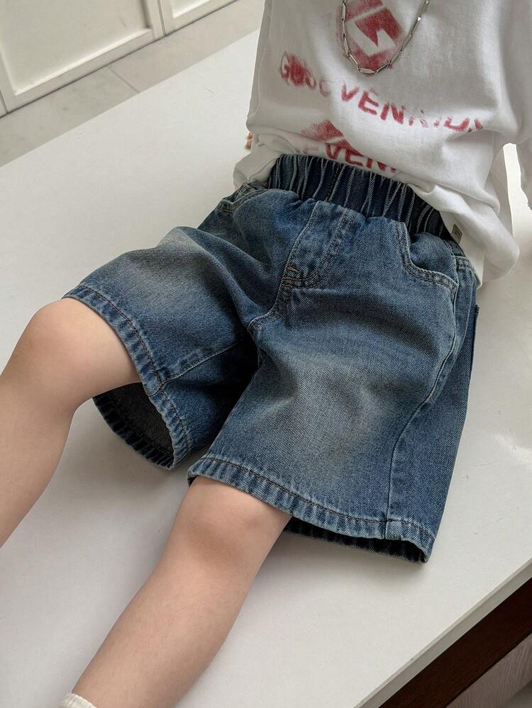 Young Boy Elastic Waist Slant Pocket Casual Denim Shorts Summer