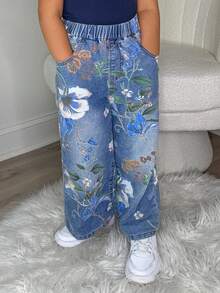 DAZY Young Girl Floral Print Elastic Waist Pockets Wide Leg Loose Casual Jeans - Blue - View 5