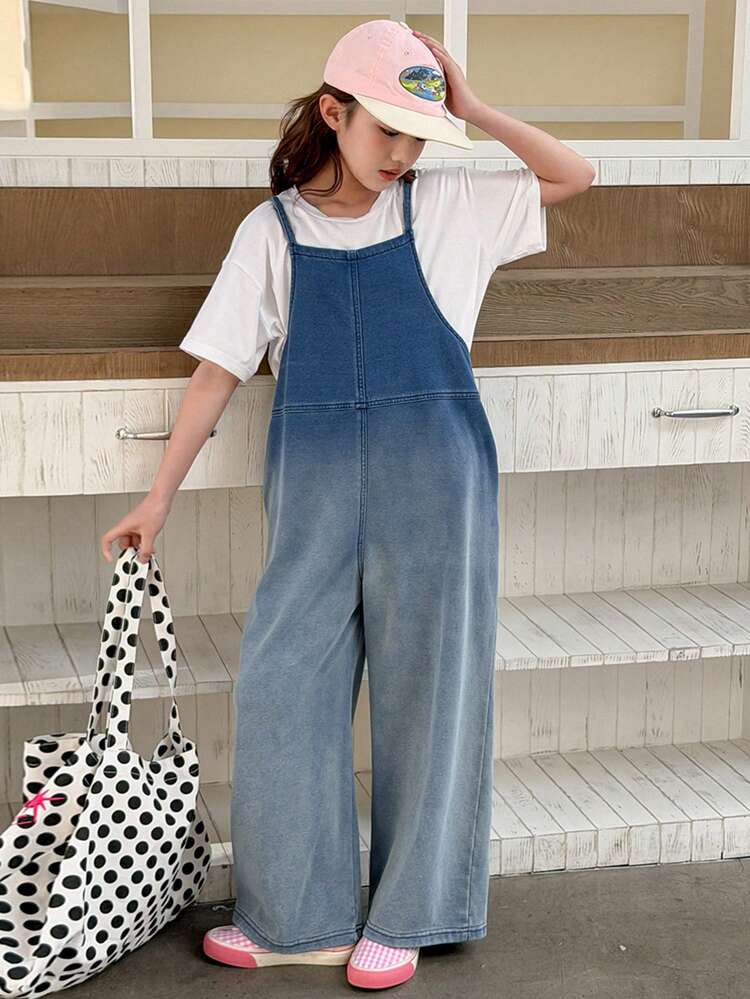 2pcs/Set Tween Girls Solid Color Round Neck Short Sleeve T-Shirt And Denim Bib Pants/Jumpsuit Outfit, Fall