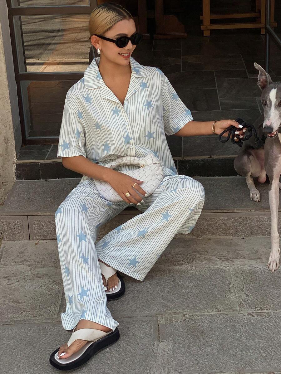 DAZY 2 st/set kvinnor randig stjärnmönster lös kofta kortärmad topp och raka långbyxor pyjamaset, sommar - Babyblå - Visa 1