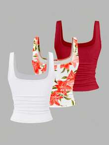 EMERY ROSE 3pcs Plus Size Women's Casual Solid Color & Full Printed Pattern Sleeveless Tank Top Set, Summer - Multicolor - View 2