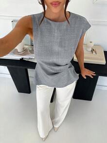 Siren Gaze Women's Grey Elegant Office Summer Blouse,Boat Neck Twist Front Sleeveless Tank Top,Ruched Waist Asymmetric Hem Shirt,Button Closure Back Work Wear - Grey - View 5