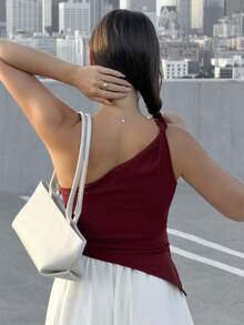 Kuleshova 情人节勃艮第红色扭纹单肩上衣优雅修身女士上衣 - 酒紅色 - 查看 2