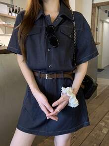 DAZY 女士纽扣领时尚通勤日常短袖连衣裙 - 藍色 - 查看 1