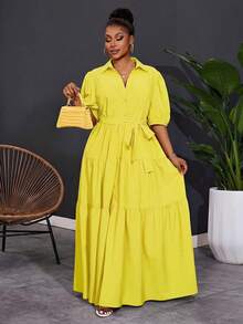 SHEIN CURVE+ 2025 Plus Size Women Solid Color Short Sleeve Spring A-Line Ruched Panel Maxi Dress,Curve Plus ,Hoho Vacation - Yellow - View 4