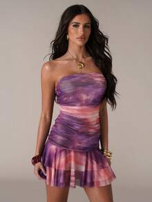 SHEIN BAE Women's Casual Vacation Mesh Pattern Print Ruched Hem A-Line Mini Dress, Suitable For Beach Vacation, Sisterly Vacation, Casual Outing, Sisterly Dates, Romantic Dates, Casual Vacation, Strapless Pattern Dress, Music Festival, Sexy & Cute Dress, Ombre Pink Dress - Pink - View 4