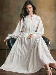 Ontre 女士象牙色舒适柔软面料修身廓形小圆领长袖泡泡袖收腰蓬蓬裙拼接设计现代优雅婚礼宾客装扮简约浪漫法式奢华都市时尚商务休闲办公室低调复古高端都市通勤高品质机场邮轮中东必备百搭四季婚礼系列长裙 - 白色 - 查看 1