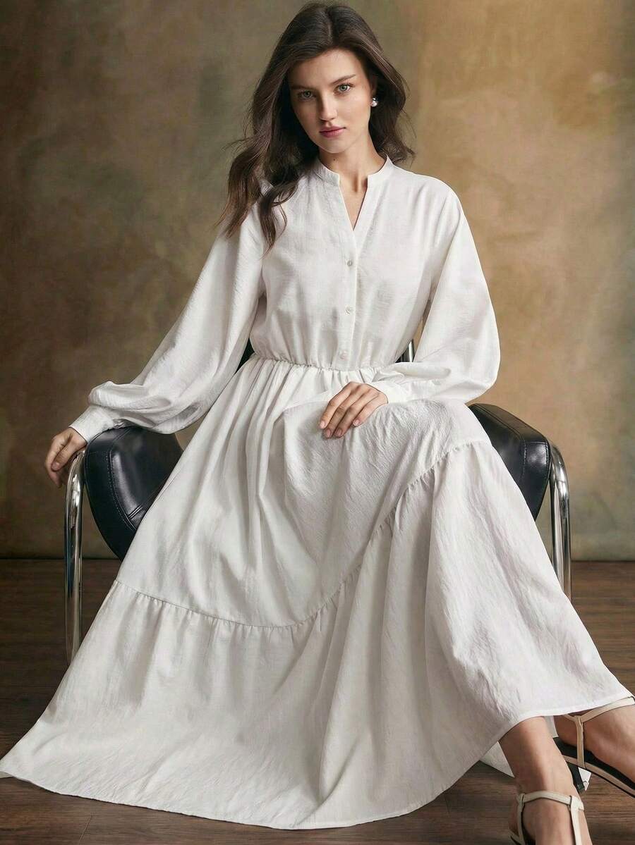 Ontre 女士象牙色舒适柔软面料修身廓形小圆领长袖泡泡袖收腰蓬蓬裙拼接设计现代优雅婚礼宾客装扮简约浪漫法式奢华都市时尚商务休闲办公室低调复古高端都市通勤高品质机场邮轮中东必备百搭四季婚礼系列长裙 - 白色 - 查看 1