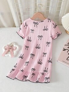 女童睡衣，粉色底，蝴蝶印花，纹理编织面料，撞色滚边，休闲睡衣 - 粉色 - 查看 2