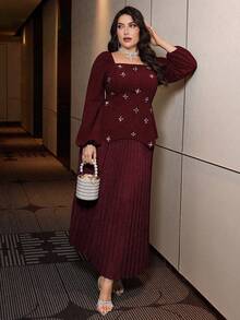 Modelyn Elegant Solid Color Diamond Decor Collared Long Sleeve Fitted Top And Solid Color Pleated Skirt Plus Size 2-Piece Set - Burgundy - View 7