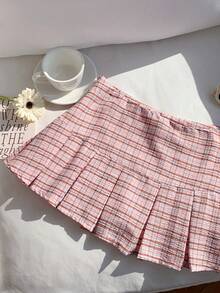 Comfortcana 2026春夏新款女士粉色小格纹双层荷叶边半身裙，适合冬季、复活节、派对、海滩、婚礼、毕业典礼等场合，风格优雅、休闲、度假、运动、正式、Y2K、商务，饰有亮片、流苏、荷叶边、花朵、图案等元素。 - 粉色 - 查看 9