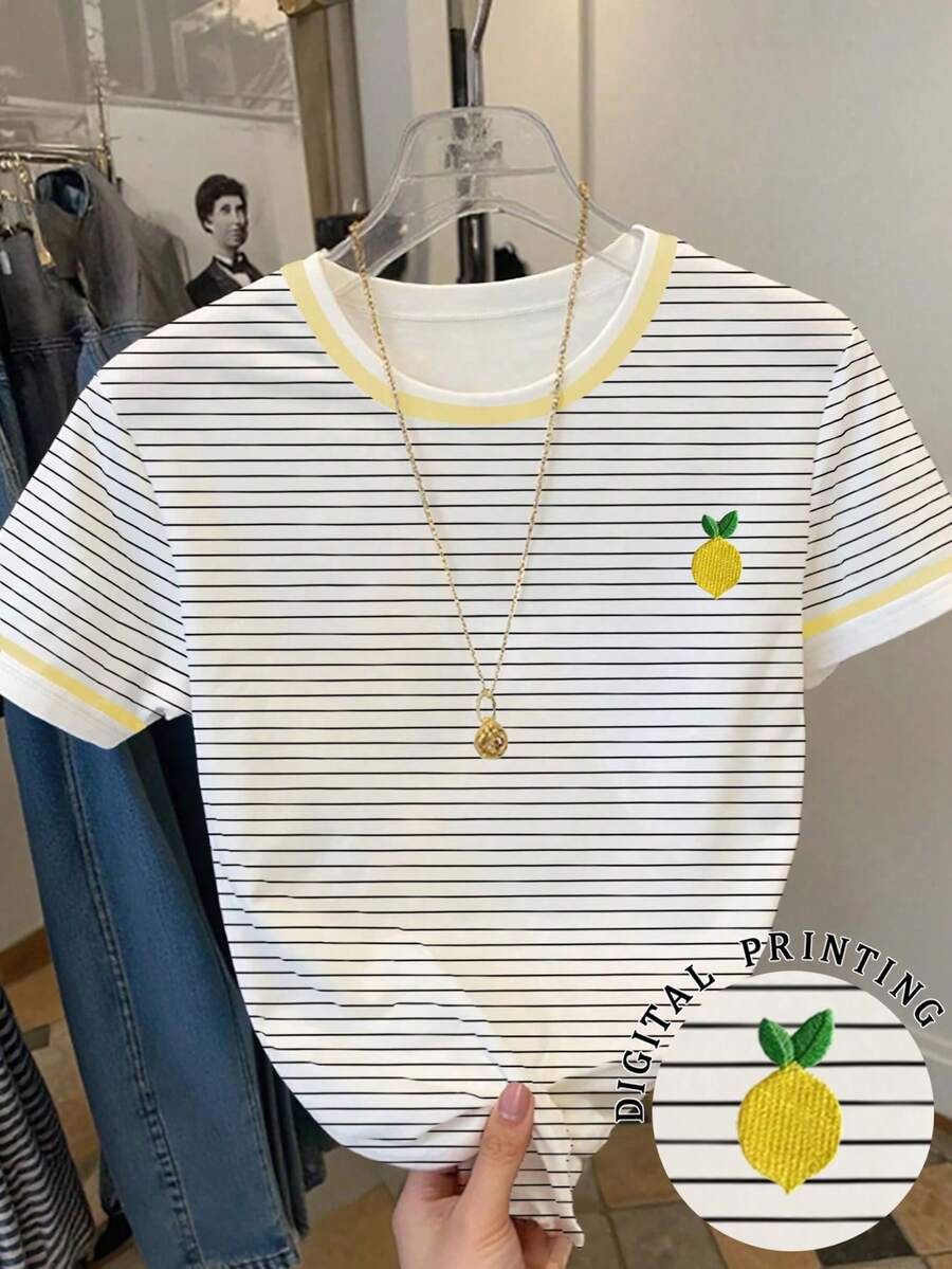 Resyla Women's Casual Lemon Embroidery Striped Round Neck Short Sleeve T-Shirt, Summer - White - View 1