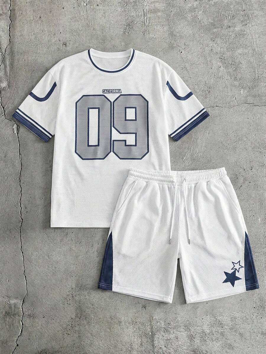 AXEPEAK 2pcs Men's Loose Numeric Print T-Shirt & Drawstring Shorts Set,White Summer Streetwear Gym Hip Hop Short Sleeve Casual Graphic Letter Two Pieces Set - Multicolor - View 1