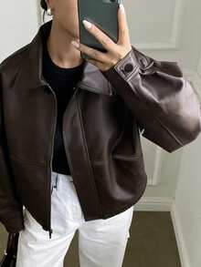 DAZY 女士复古通勤夹克，春秋季 - 棕色 - 查看 3