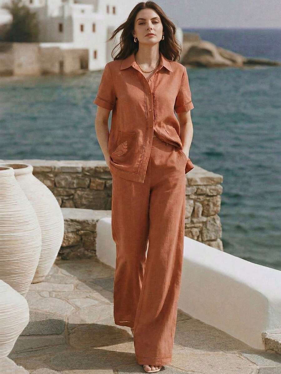 Anewsta 新款夏季度假套装，蕾丝镂空宽松衬衫搭配舒适侧镂空阔腿裤，时尚女士休闲套装 - 珊瑚橙 - 查看 1