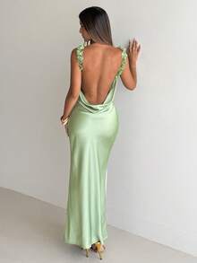 Aloruh 春夏新款优雅浪漫时尚通勤性感优雅风，适合派对、度假、浪漫约会、婚礼生日礼服、情人节女装、女士浅绿色吊带连衣裙、婚礼宾客礼服、伴娘礼服、优雅度假缎面连衣裙、圣帕特里克节绿色连衣裙 - 綠色 - 查看 4