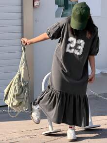 DAZY 少女数字印花圆领短泡泡袖荷叶边下摆连衣裙 - 灰色 - 查看 3