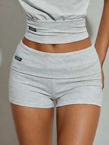SHEIN ICON Women's Casual Fold-Over Waist Fitted Shorts, Summer - Light Grey - View 3
