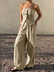 Livesso 春夏宽松度假休闲纹理深色条纹短款吊带背心和直筒阔腿裤两件套女装 - 杏色 - 查看 5