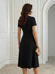 Miaspire 女式黑色蕾丝拼接优雅派对中长连衣裙 - 黑色 - 查看 2