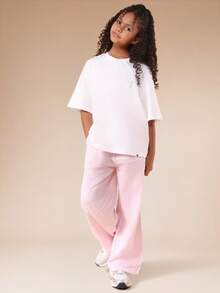 SUMWON Oversized Ribbed Co-Ord Set With Graphic Back Print Wide Leg Trousers And Short Sleeve Top Tween Casual Summer Outfit Pijamas For Girls 12 To 13 Matcha Lover Shirt Graphic T Shirt Oversize Pajamas Tshirt Oversized Graphic Tee Bunny Tshirt Graphic Tee Oversized Matcha T Shirt - White - View 6