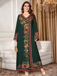 SHEIN Najma 加大码腰果花几何刺绣印花深绿色连衣裙，女士时尚V领长袖长款连衣裙，优雅阿拉伯风格服装，春夏款 - 彩色 - 查看 4