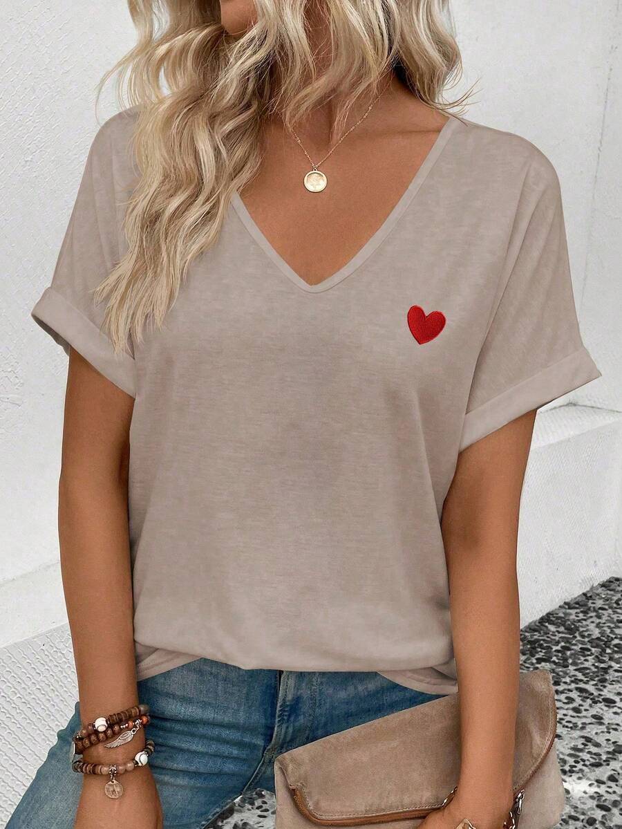 Selamara Women's New Fashion Heart Print V-Neck T-Shirt - Khaki - View 1