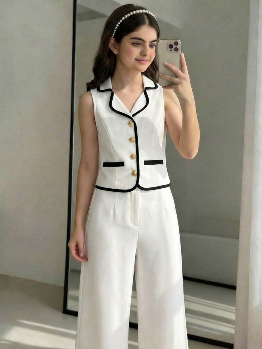 Tween Girl Elegant Colorblock Trim Lapel Sleeveless Shirt & Pants Set For Formal Occasions And Weddings, Tween Girl - Black and White - View 1