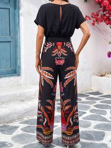 SHEIN Clasi 女士优雅圆领连体裤，配腰带，阔腿连身裤，度假必备 - 彩色 - 查看 3