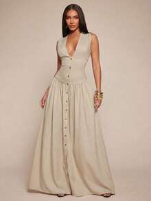 Radiana 女士优雅简约卡其色亚麻质感V领无袖连衣裙，收腰设计，纽扣衬衫裙，飘逸半身裙，休闲连衣裙，复古风连衣裙，简约连衣裙，度假连衣裙 - 卡其色 - 查看 4