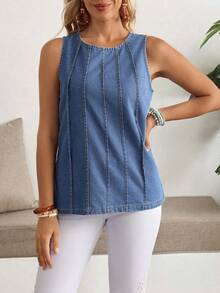 EMERY ROSE 夏季大码无袖牛仔休闲上衣 - 藍色 - 查看 6