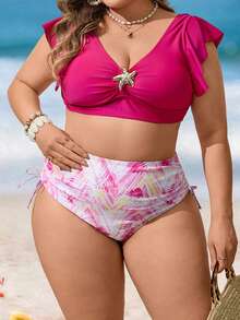 Swim Lushoire 2026 New Plus Size Women's Solid Color & Floral Print 2-Piece Swimwear, Removable Padded Sexy Low-Cut Top, Elegant Ruffle Sleeve, High-Waisted Drawstring Slimming Bottoms, Casual Chic Artistic Resort Beach Swimwear - Multicolor - View 4