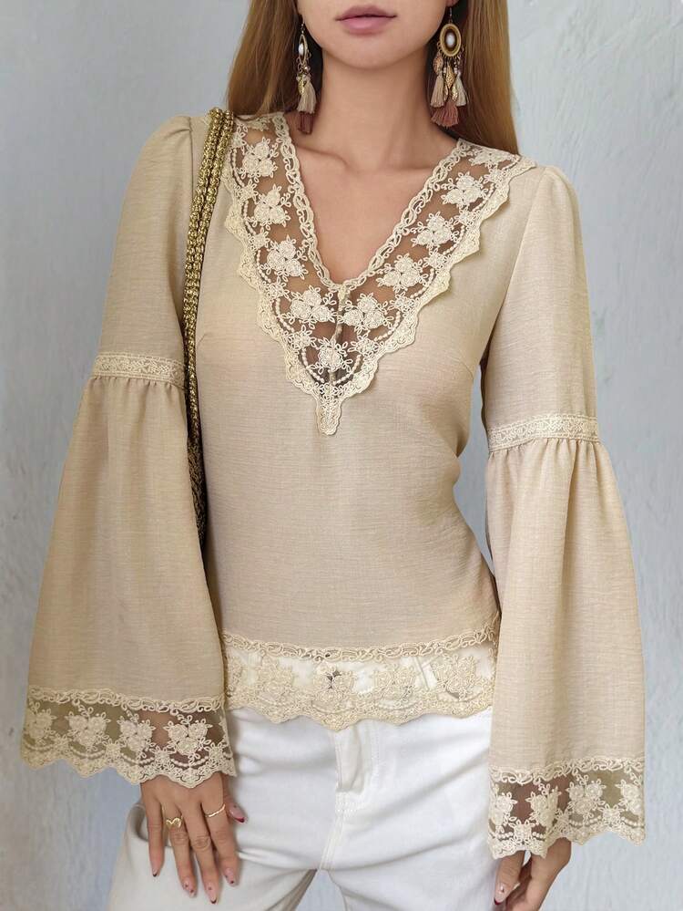 Women's Contrast Lace V-Neck Flare Sleeve Elegant Summer Blouse
