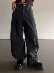 DAZY 女士宽松拼接牛仔喇叭牛仔裤，休闲街头风，春夏Y2K风格 - 灰色 - 查看 4