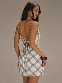 Athîral Women's Casual Draped Neck Plaid Chiffon Backless Mini Dress - Multicolor - View 2