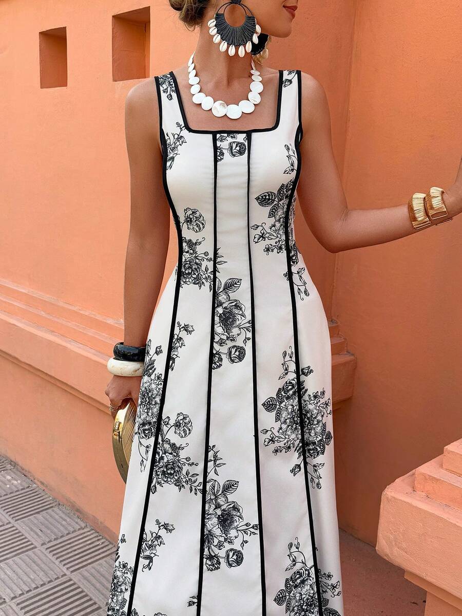 Flora Isola Flora Isola 黑白印花长款连衣裙 - 无袖，腰部饰有黑色滚边，适合办公室/度假/女士穿着（春夏款） - 彩色 - 查看 1