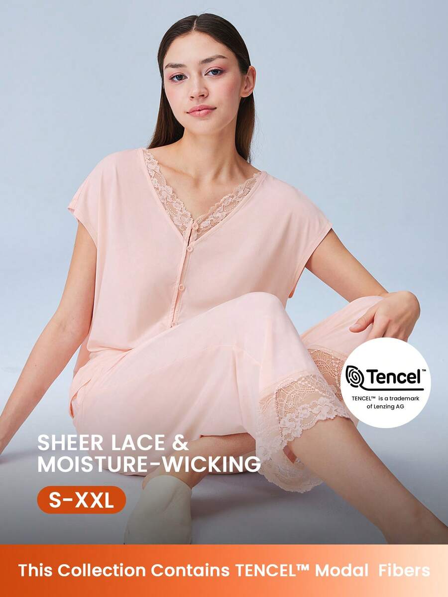 LUVLETTE Super Soft TENCEL™ Modal Pink Lace Inset Button Up Airy Women Pajama Set Lingerie Pants With Pockets Lingerie Bridal Intimates,Spring And Summer - Pink - View 1