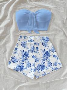 Soleia Women's Solid Color Ruched Bandeau Top And Floral Print Shorts 2-Piece Casual Outfit - Multicolor - View 6