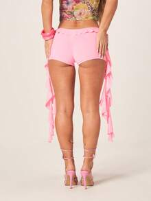 MISSGUIDED Quần short siêu ngắn cạp cao, thiết kế bất đối xứng với bèo nhún xếp ly bên hông, màu hồng, thích hợp cho mùa hè, lễ hội và câu lạc bộ. - Hồng - Xem 3