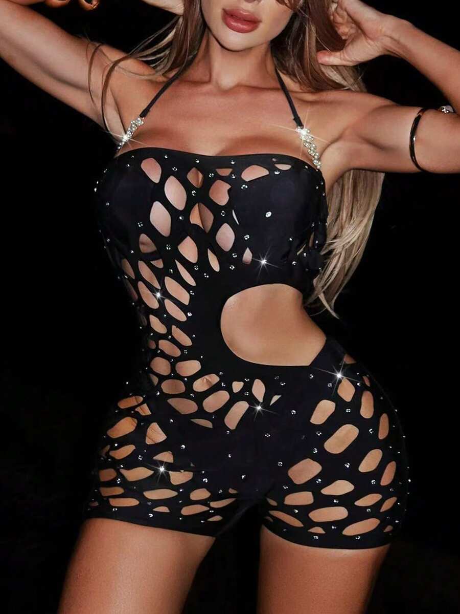 Swim SXY Women's Fashion Sexy Hollow Diamond Bandeau Romper - Black - View 1