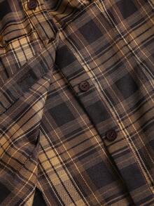 SHEIN Sweetro Women's Retro Commuter Waist-Cinched Minimalist Plaid Fabric Shirt - Brown - View 3