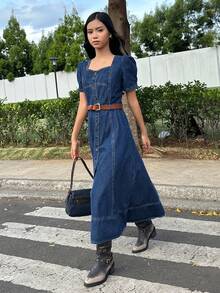 DAZY Teen Girl Sweetheart Neck Button Front Casual Short Sleeve Denim Dress - Blue - View 3